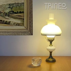 LÁMPARA TANDIL - Base vidrio y metal - DOBLE TULIPA opalina (Alto Total: 47cm)