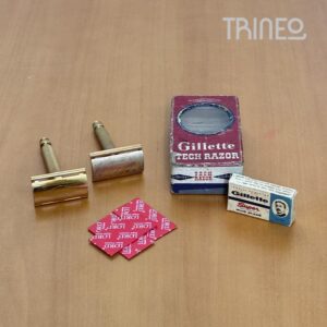 MÁQUINAS DE AFEITAR DORADAS ANTIGUAS X 2 + CAJITA +  HOJITAS REPUESTO